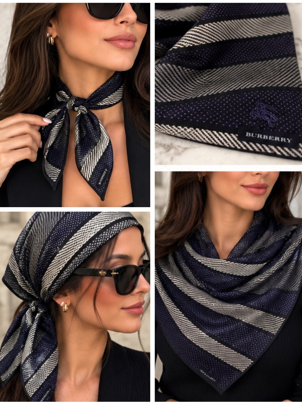 Burberry Large Striped Pin Dot Pocket Square Scarf 19.5" Black Grey